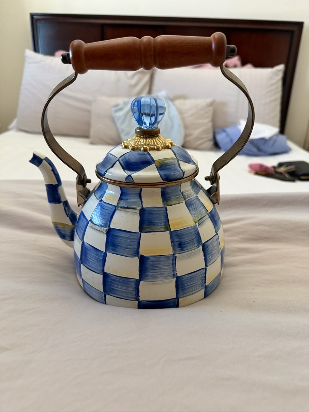 Blue & White Check Ceramic Teapot with Wooden Handle